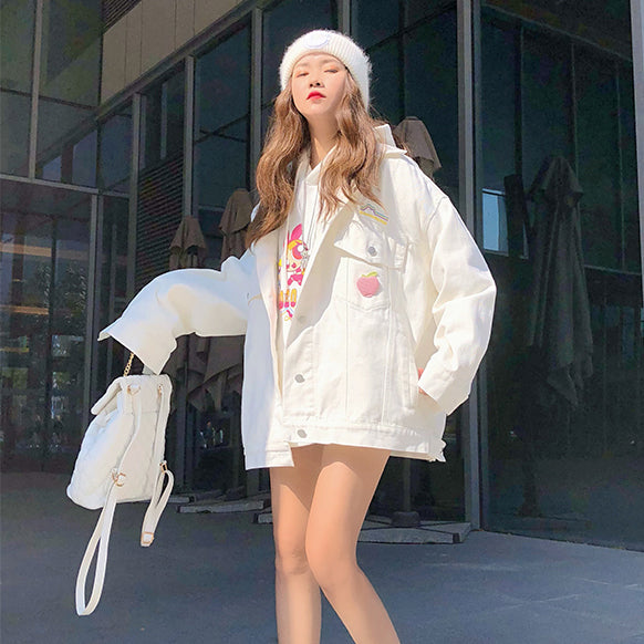 Rainbow Embroidery White Denim Jacket