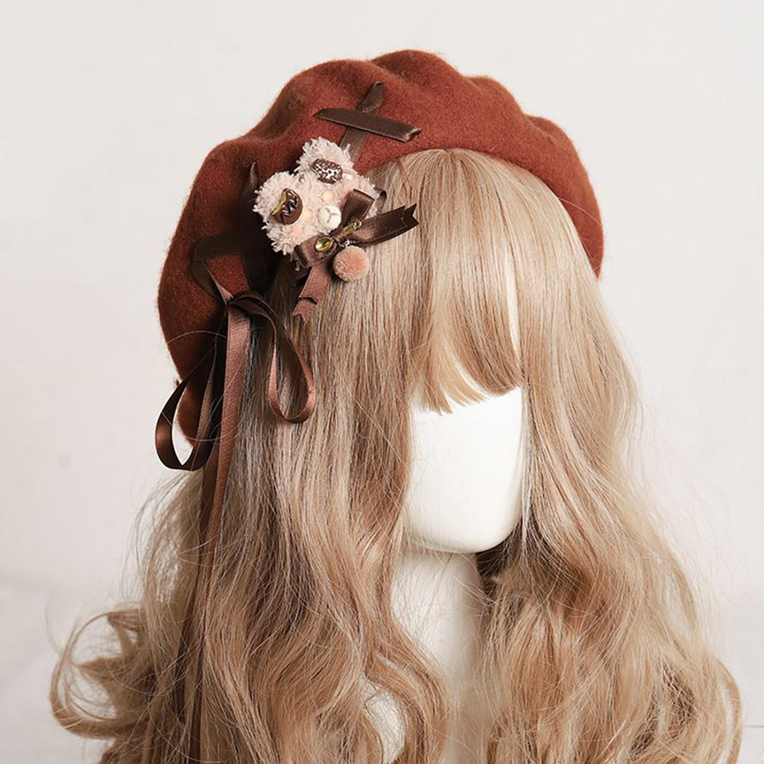 Sweet Retro Bear Ribbon Beret Hat