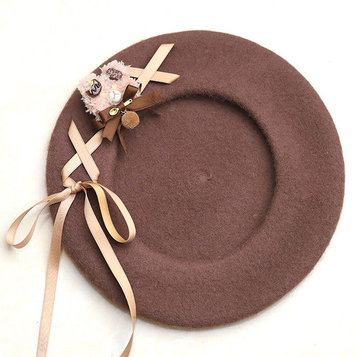 Sweet Retro Bear Ribbon Beret Hat