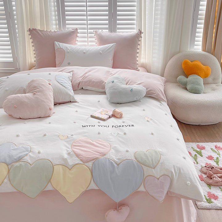 Sweet Love Heart Embroidery Bedding Set