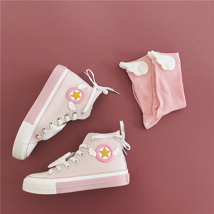 Pink High-Cut Sneakers with Wing Socks
