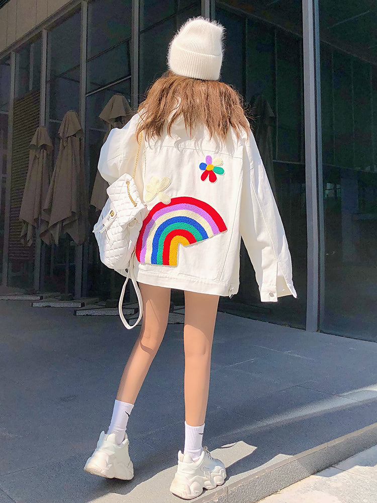 Rainbow Embroidery White Denim Jacket