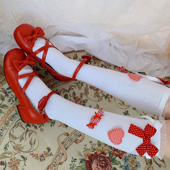 Lolita Hearts Ribbon Knee High Socks