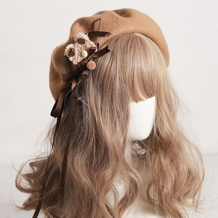 Sweet Retro Bear Ribbon Beret Hat