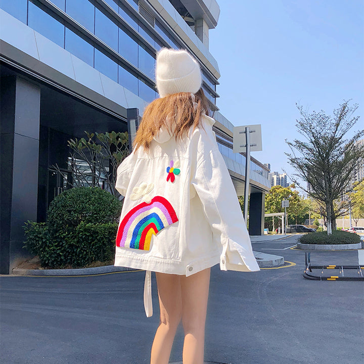 Rainbow Embroidery White Denim Jacket