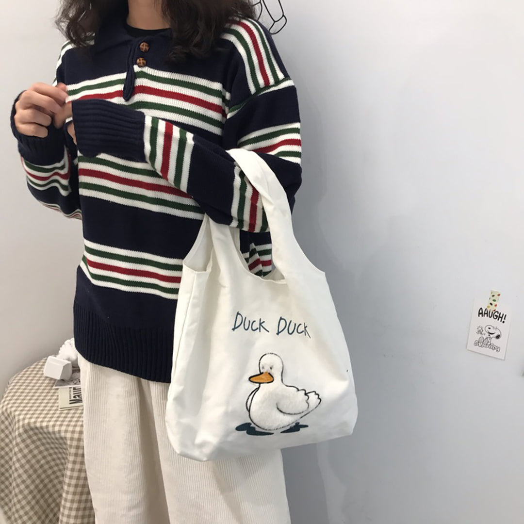 Duck Duck Embroidery Canvas Tote Bag