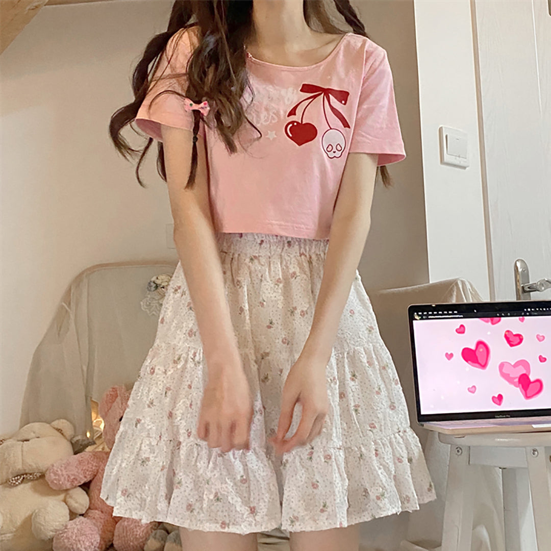 Sweet Cherry Print Cotton Short T-shirt