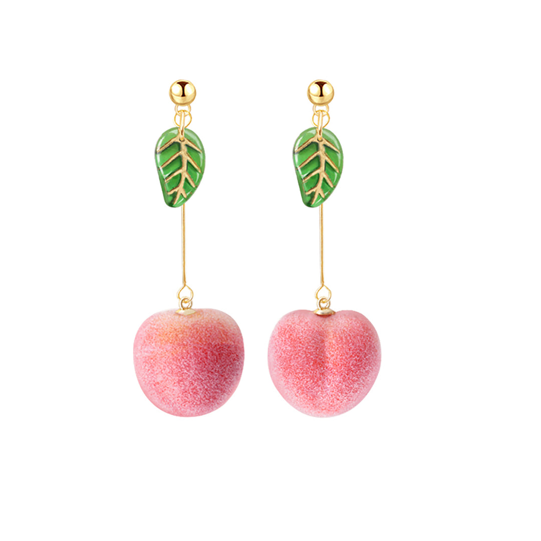 Sweet Peach Fruit Leaf Dangle Earrings