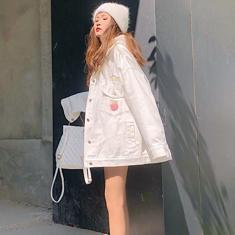 Rainbow Embroidery White Denim Jacket