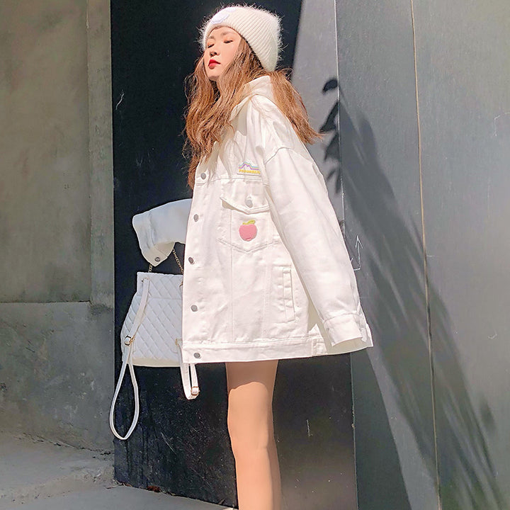 Rainbow Embroidery White Denim Jacket