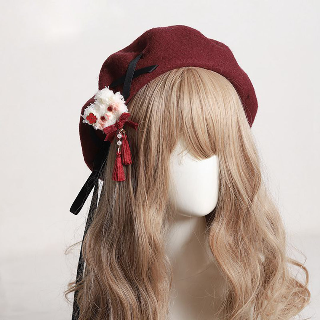 Sweet Retro Bear Ribbon Beret Hat