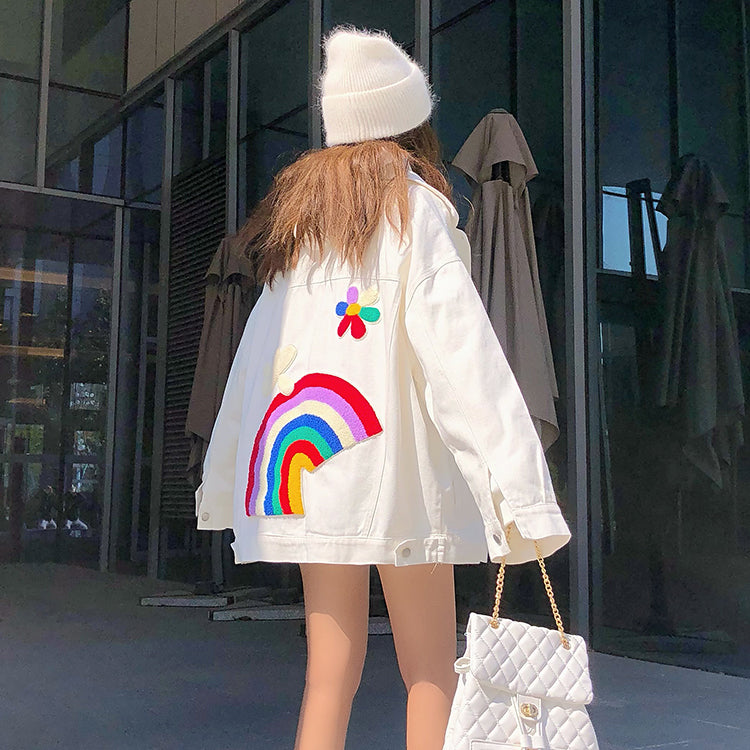 Rainbow Embroidery White Denim Jacket