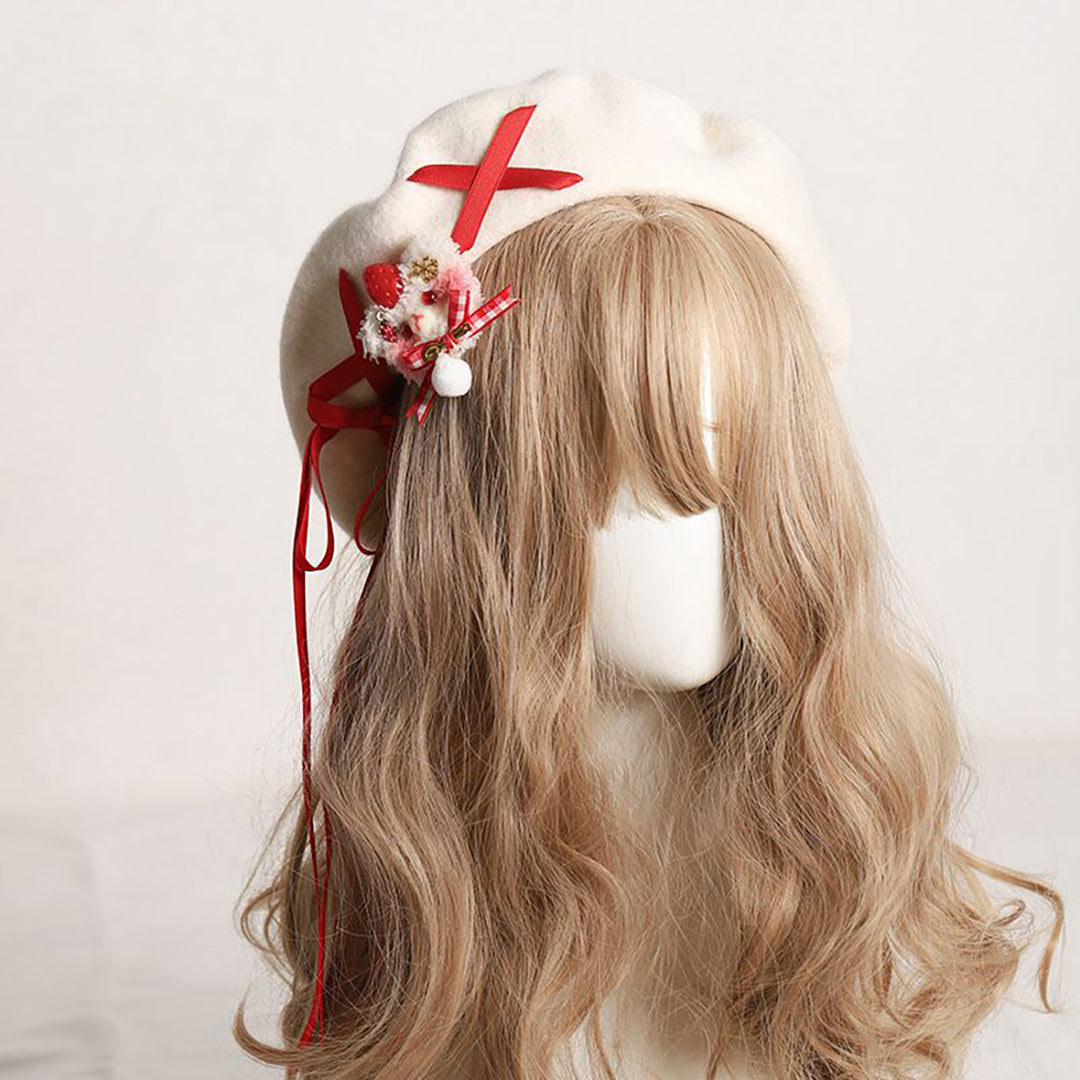 Sweet Retro Bear Ribbon Beret Hat