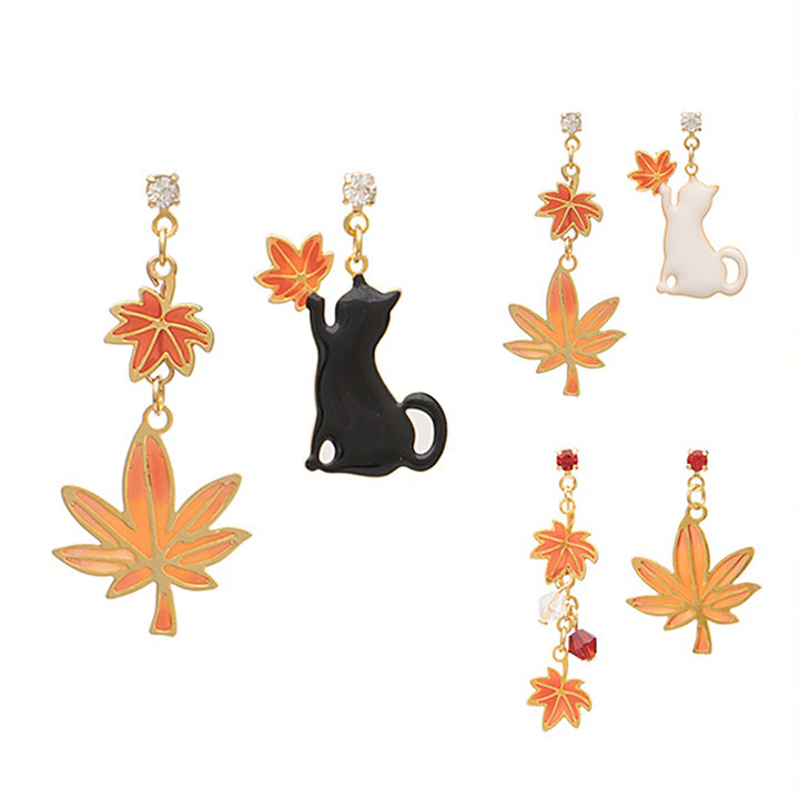 Cat Maple Leaf 925 Sterling Silver Earrings Ear Clip