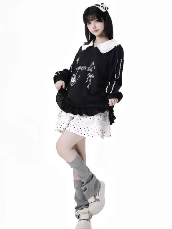 Cute Panda Collar Top/Polka Dot Pants/Skirt