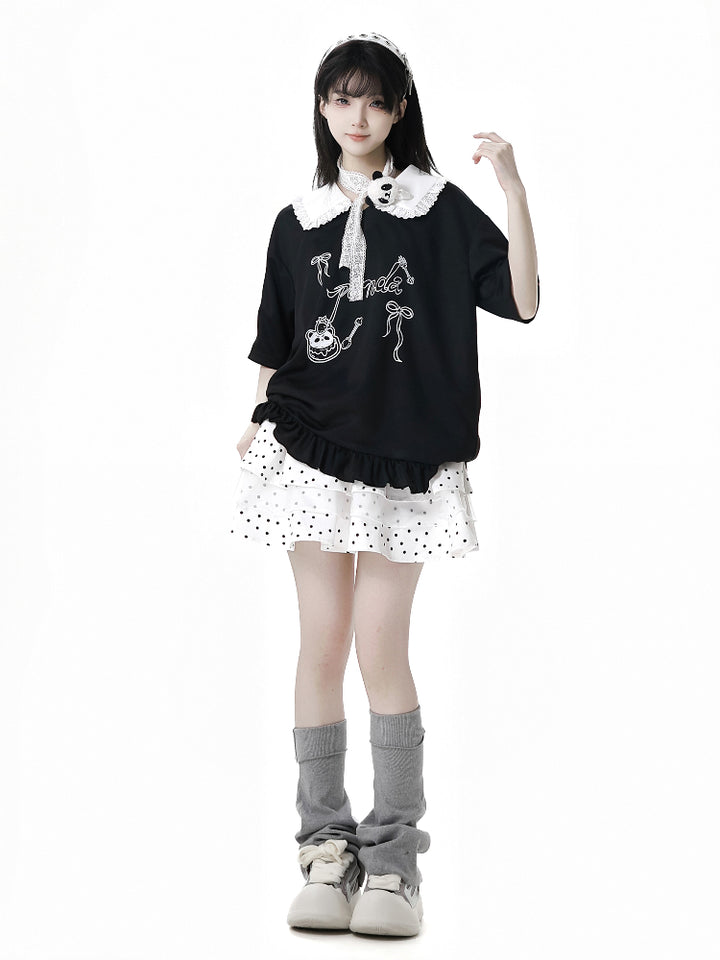 Cute Panda Collar Top/Polka Dot Pants/Skirt