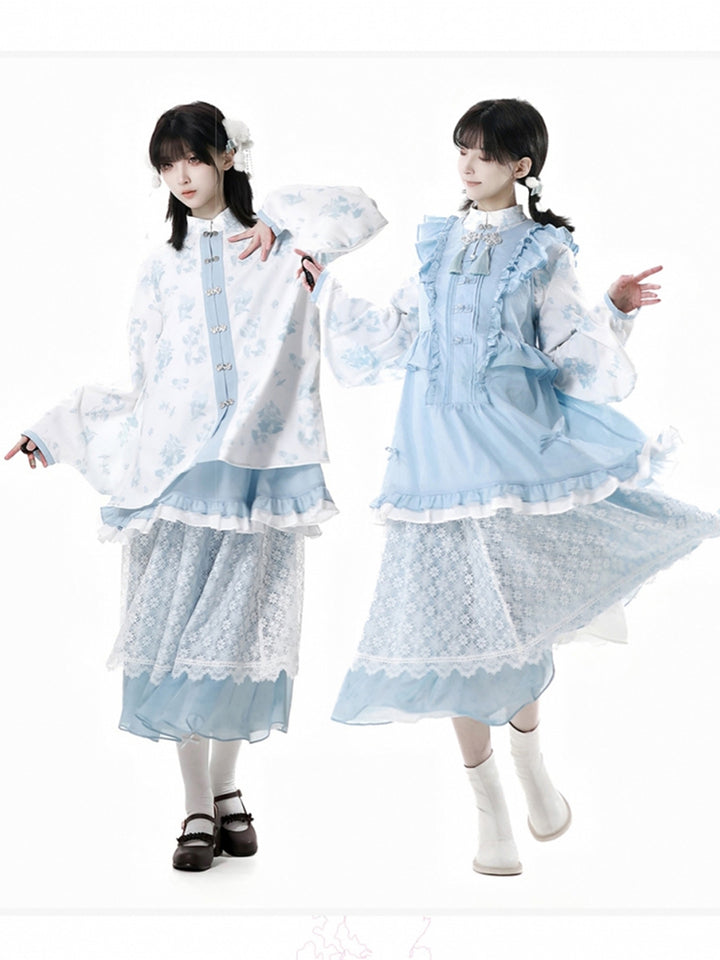 Light blue fusion layered design shirt dress skirt