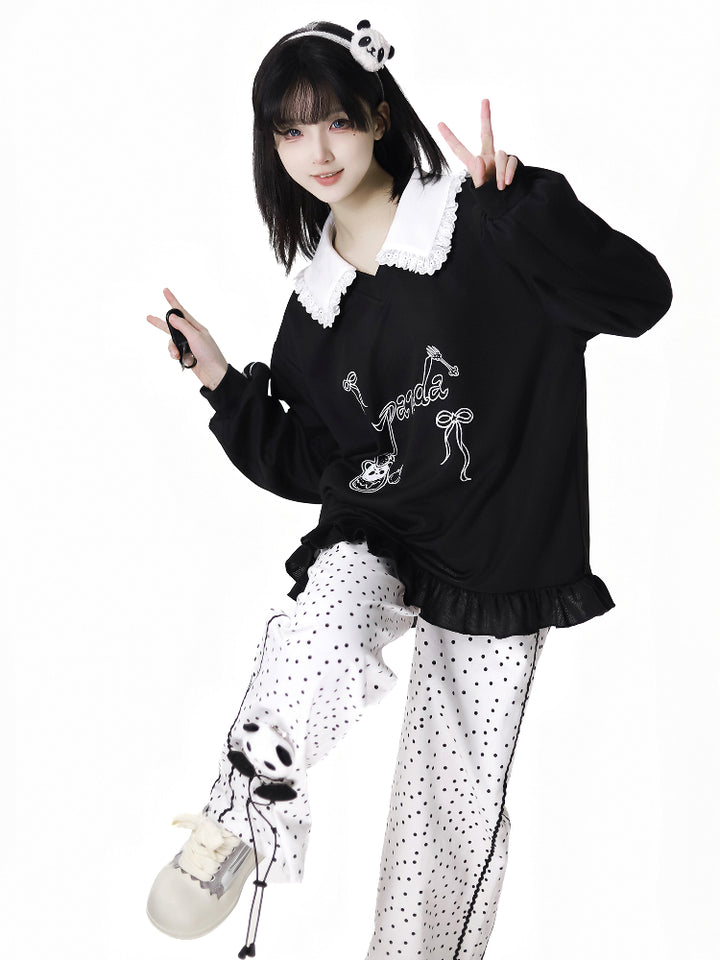 Cute Panda Collar Top/Polka Dot Pants/Skirt