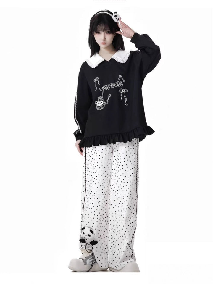 Cute Panda Collar Top/Polka Dot Pants/Skirt
