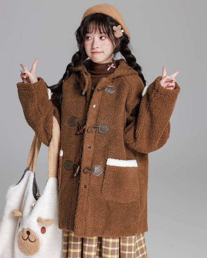 Cozy Brown/Cream White Toggle Shearling Coat