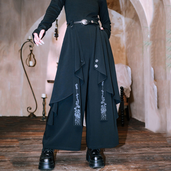 Chinese-style Embroidered Double-layer Asymmetrical Black Wide-leg Pants