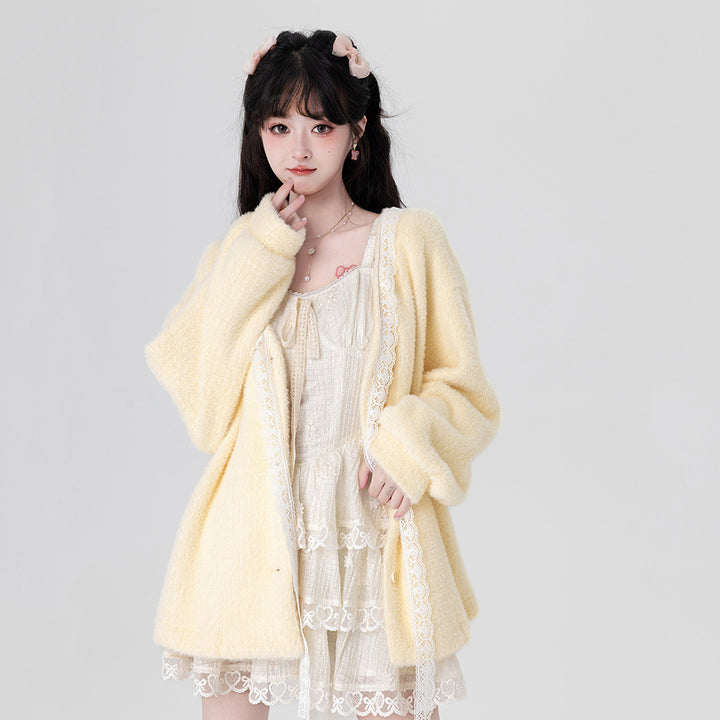 Yellow / Purple Fluffy Mink Wool Cardigan Sweater
