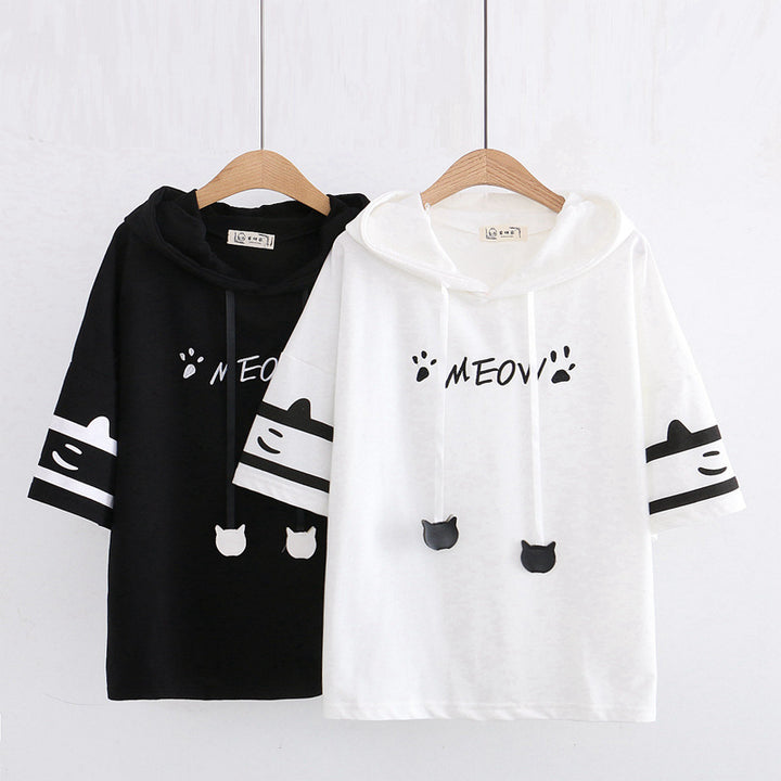 Cat “Meow” Paw Printed Ears Hooded T-shirt