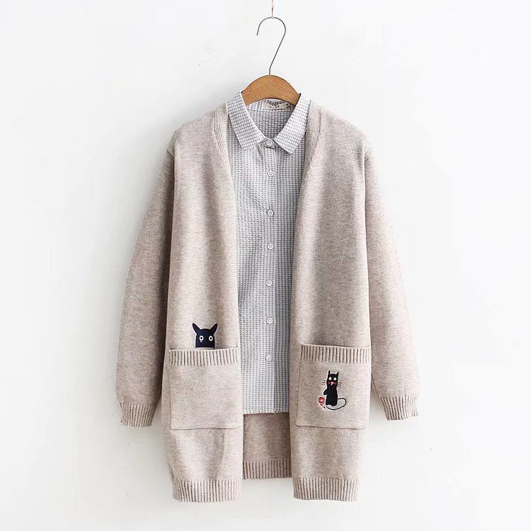 Kawaii Cat And Mouse Embroidery Loose Cardigan Sweater
