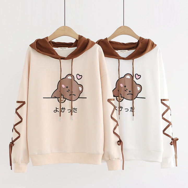 Japanese Letter Bear  Print Ribbon Sleeves Hoodie