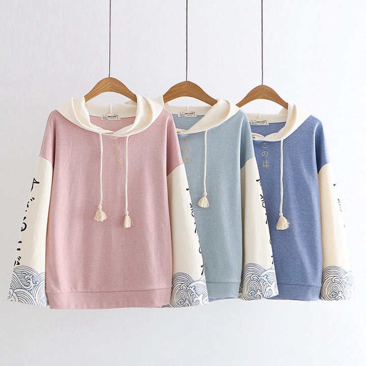 Japanese Style Wave Print Hoodie