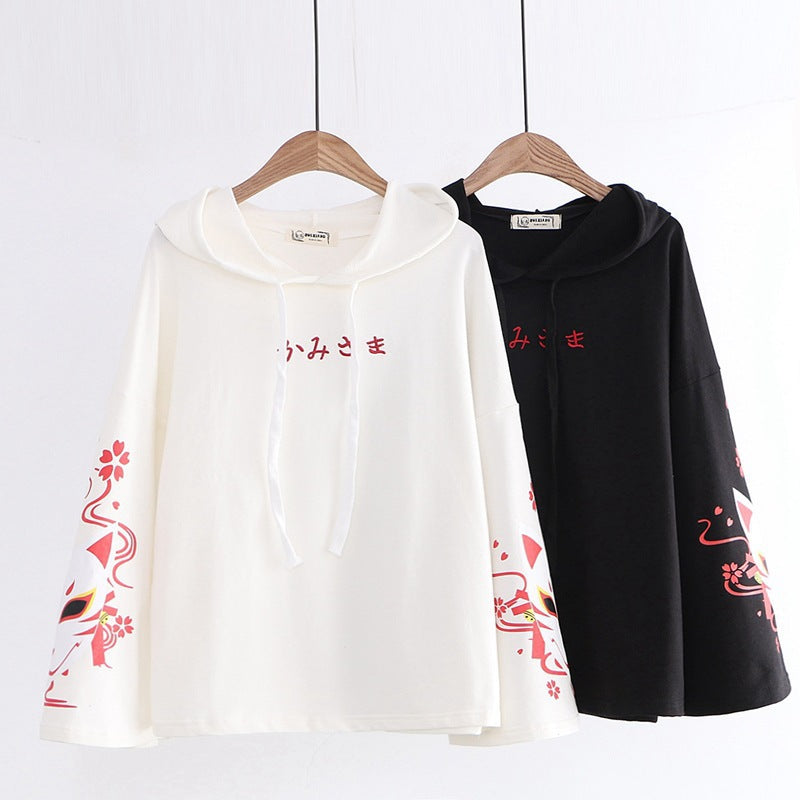 Japanese Face Fox Sakura Print Hoodie