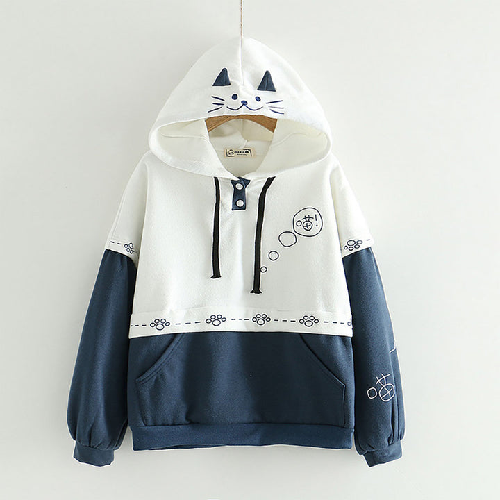 Cartoon Kitty Embroidery Hoodie with Pocket