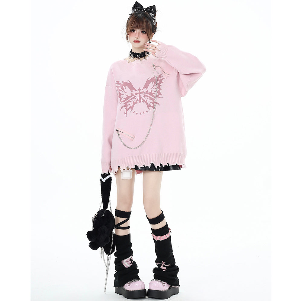Butterfly Pattern Chain-Decorated Round Neck Knit Sweater