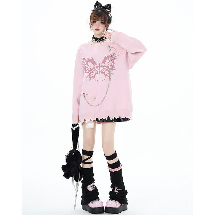 Butterfly Pattern Chain-Decorated Round Neck Knit Sweater