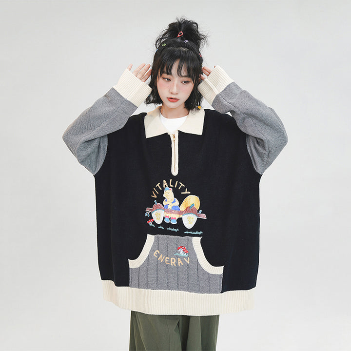 Cartoon Embroidered Pocket Polo-neck Sweater