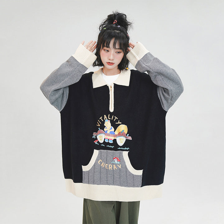 Cartoon Embroidered Pocket Polo-neck Sweater