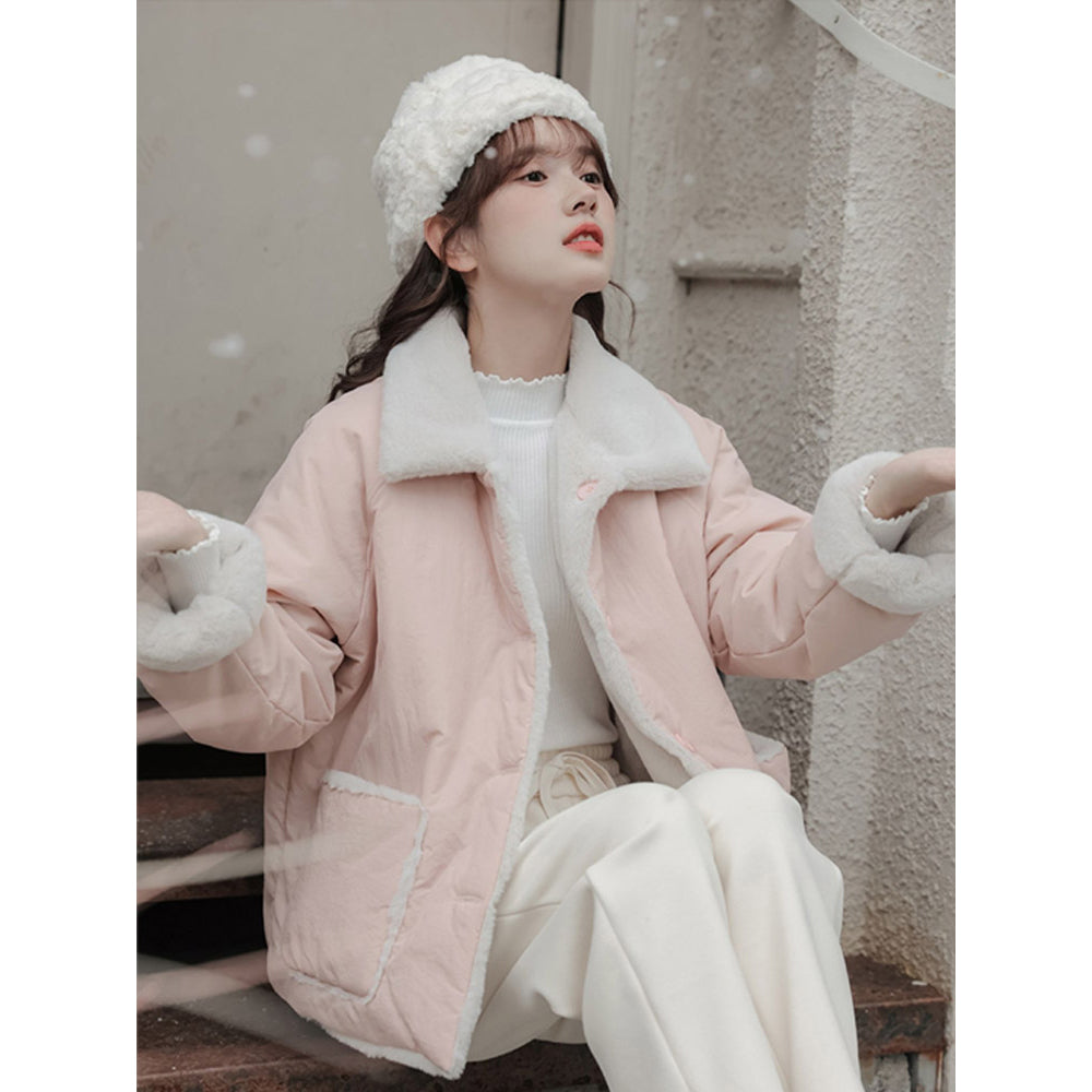 Thickened Pink Short Cotton Padded Coat for Autumn Winter