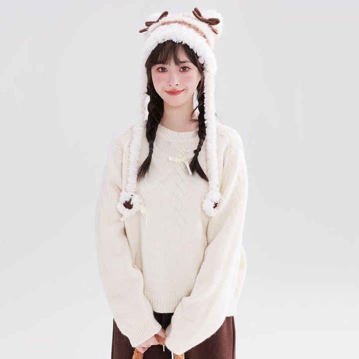 Bow Lazy Knit Sweater Winter Cozy Light Yellow/White/Blue