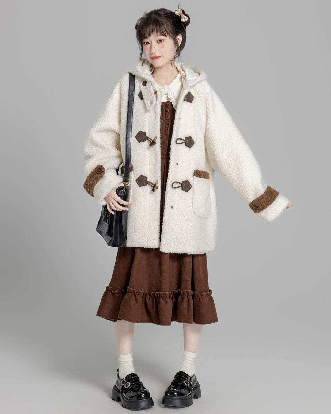 Cozy Brown/Cream White Toggle Shearling Coat
