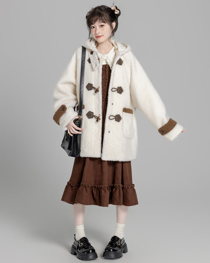 Cozy Brown/Cream White Toggle Shearling Coat