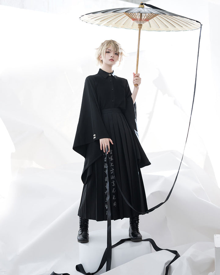 Black Pointed Collar Vintage Wide-Sleeve Blouse