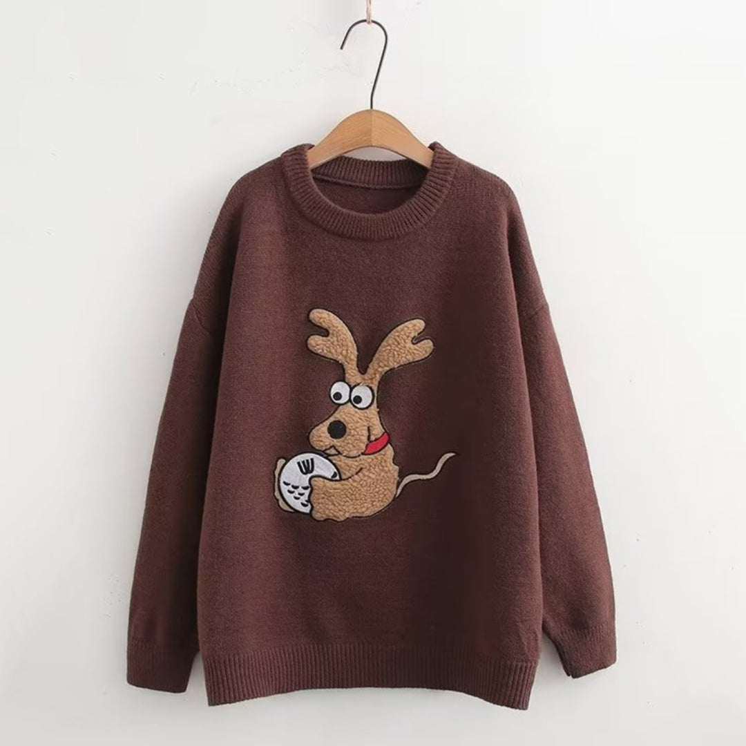 Cartoon Reindeer Embroidered Sweater