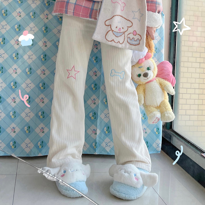 Star Bone Embroidery Inner Fleece Corduroy Pants for Autumn and Winter