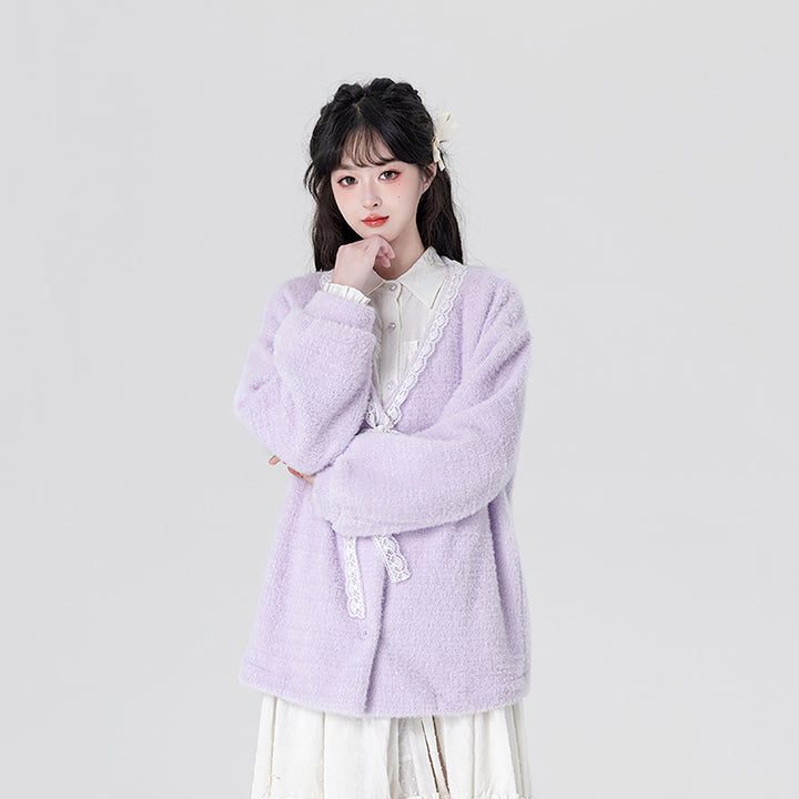 Yellow / Purple Fluffy Mink Wool Cardigan Sweater