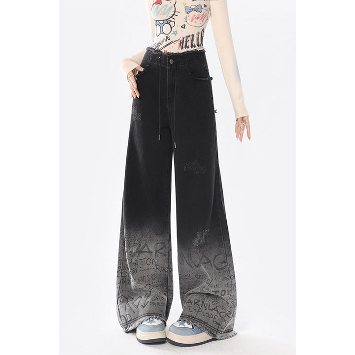 Black gradient graffiti letter autumn-winter high-waisted wide-leg jeans