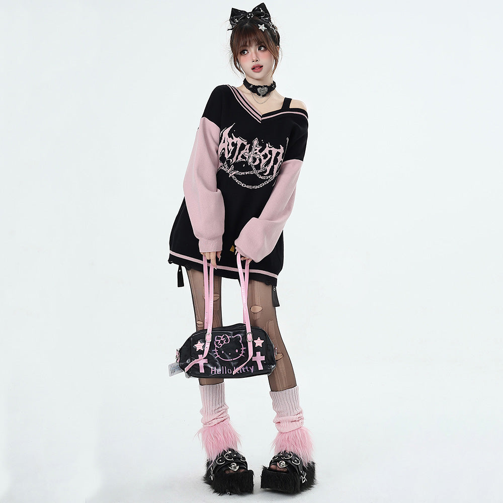 Y2K black and pink V-neck sweater for autumn winter Spring