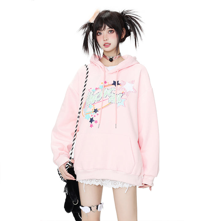 Star-printed hooded loose sweatshirt for spring autumn