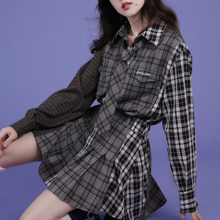 Patchwork Design Loose Casual Shirt Dress with Plaid Pattern