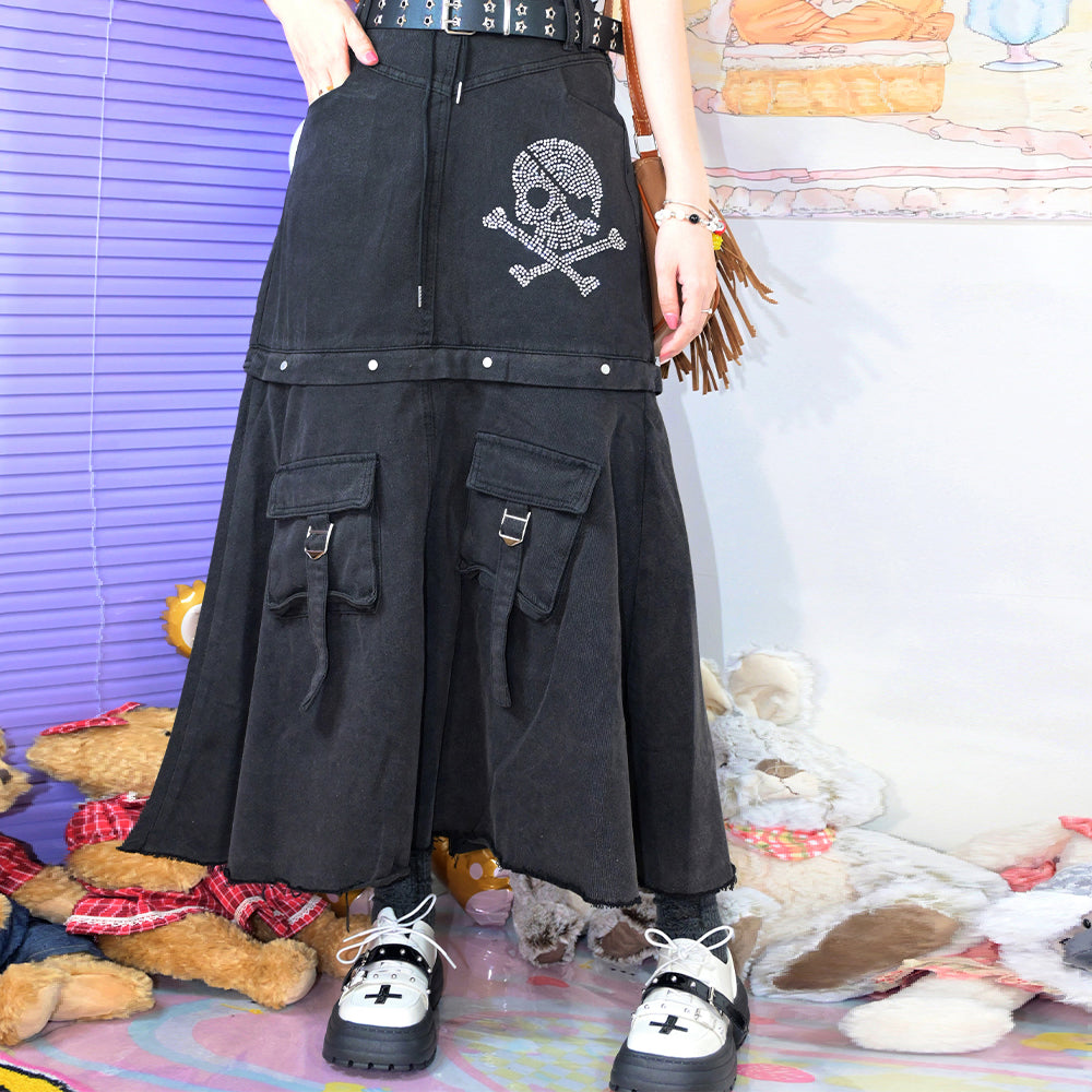 Punk dual-wear detachable long skirt transforming into short denim skirt