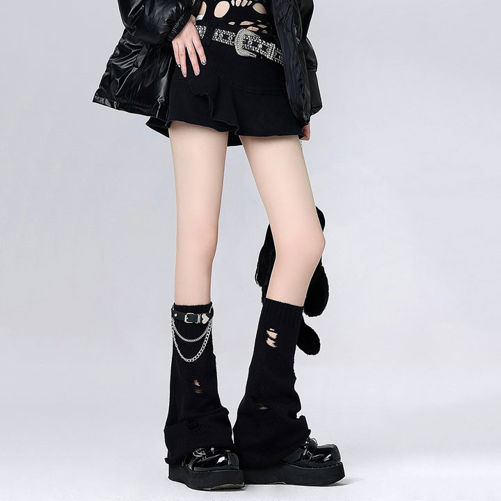 Punk Chain Leather Buckle Knit Leg Warmers